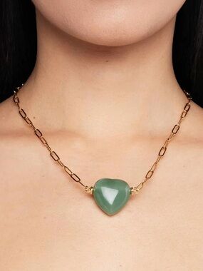 Natural Jade Heart Paperclip Necklace 24k Gold Plated NWOT